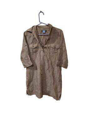 Tommy Bahama Linen Lace-Up Long Tunic Dress With Roll-Tab Sleeves Chest Pockets